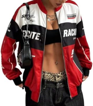 Melliflo Chaqueta de carreras con cremallera para mujer, estilo vintage, bloque de color, para carreras y coche, chaqueta universitaria Y2K Streetwear de manga larga, Rojo : Ropa, Zapatos y Joyería